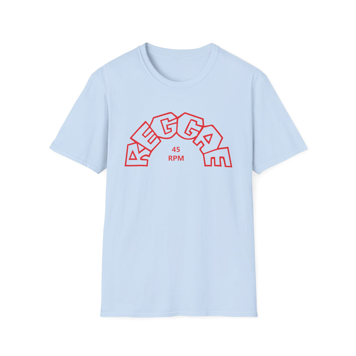 Light blue t-shirt with red "REGGAE 45 RPM" text graphic.