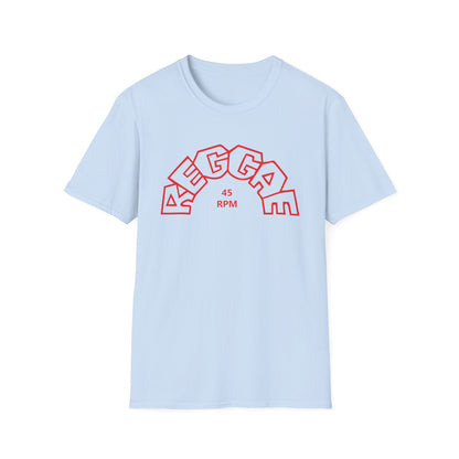 Light blue t-shirt with red "REGGAE 45 RPM" text graphic.