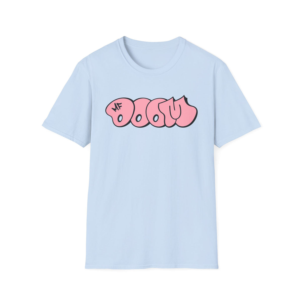 Light blue t-shirt with pink "DOOM" graffiti text and "MF" logo.