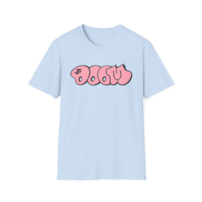 Light blue t-shirt with pink "DOOM" graffiti text and "MF" logo.