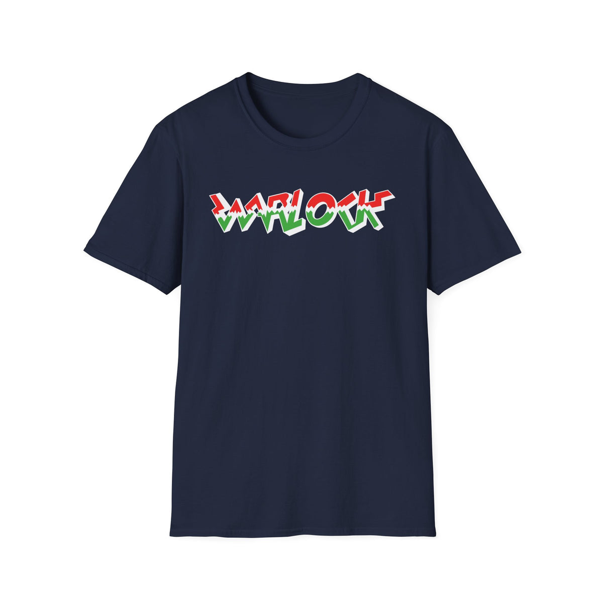 Navy t-shirt with "WARLOCK" in red, white, and green graffiti-style text.