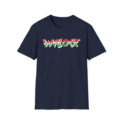 Navy t-shirt with "WARLOCK" in red, white, and green graffiti-style text.