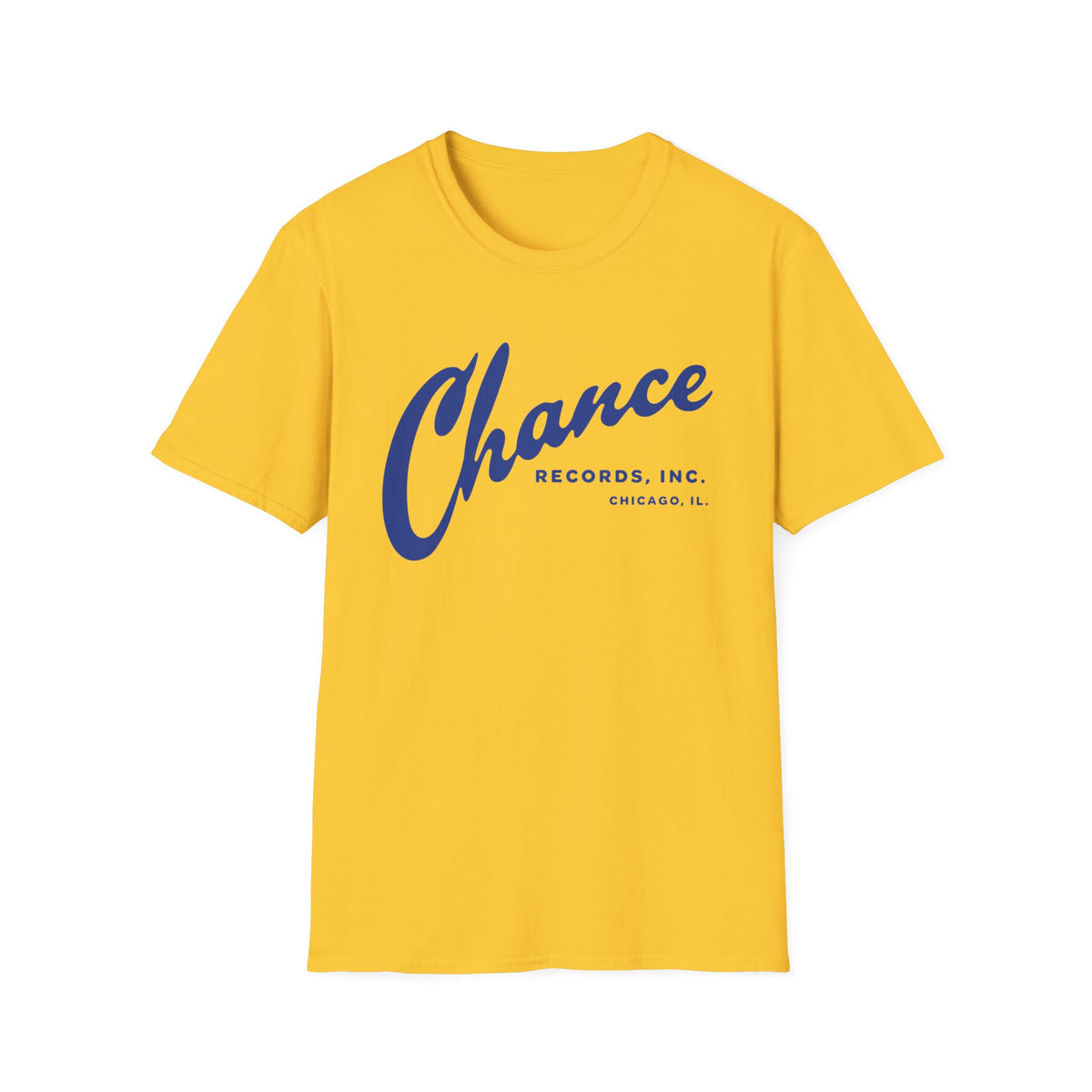 Yellow t-shirt with blue "Chance Records, Inc. Chicago, IL." logo.