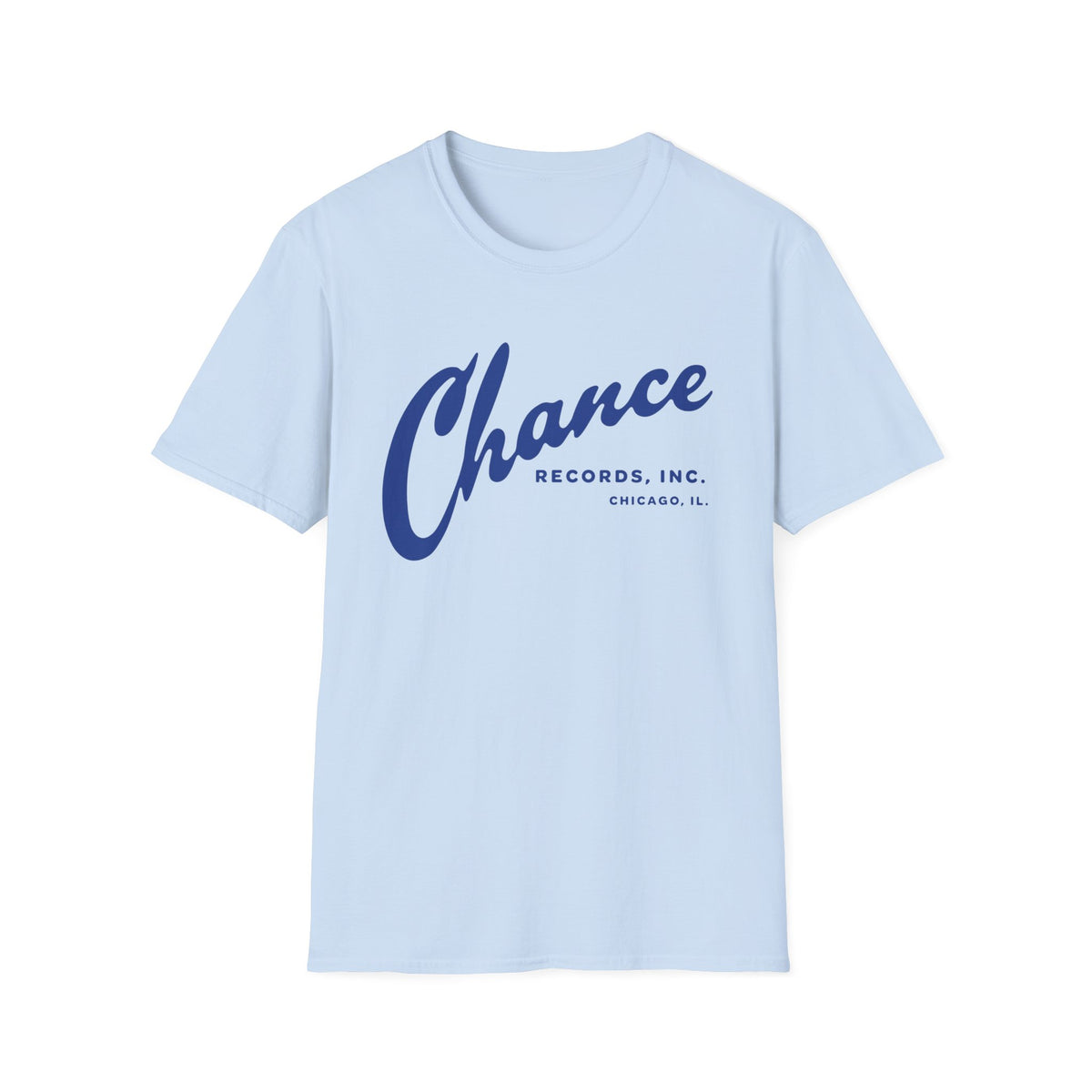 Light blue t-shirt with navy blue "Chance Records, Inc. Chicago, IL." text.