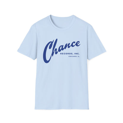 Light blue t-shirt with navy blue "Chance Records, Inc. Chicago, IL." text.