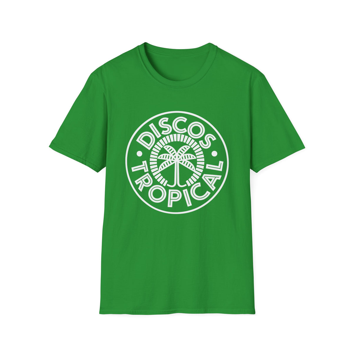 Green t-shirt with white "DISCOS TROPICAL" circular logo featuring a palm tree.