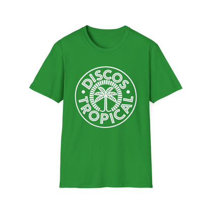 Green t-shirt with white "DISCOS TROPICAL" circular logo featuring a palm tree.