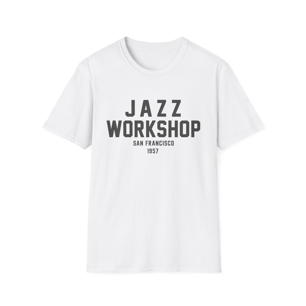 White t-shirt with "Jazz Workshop San Francisco 1957" text.