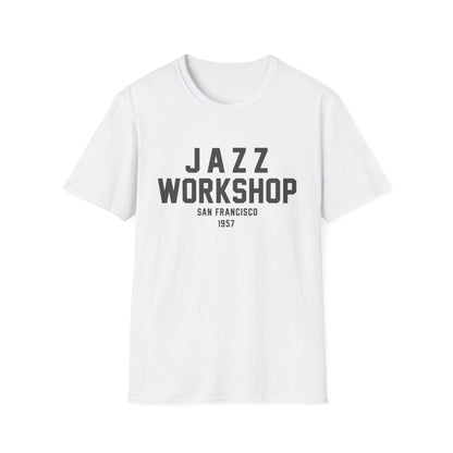 White t-shirt with "Jazz Workshop San Francisco 1957" text.