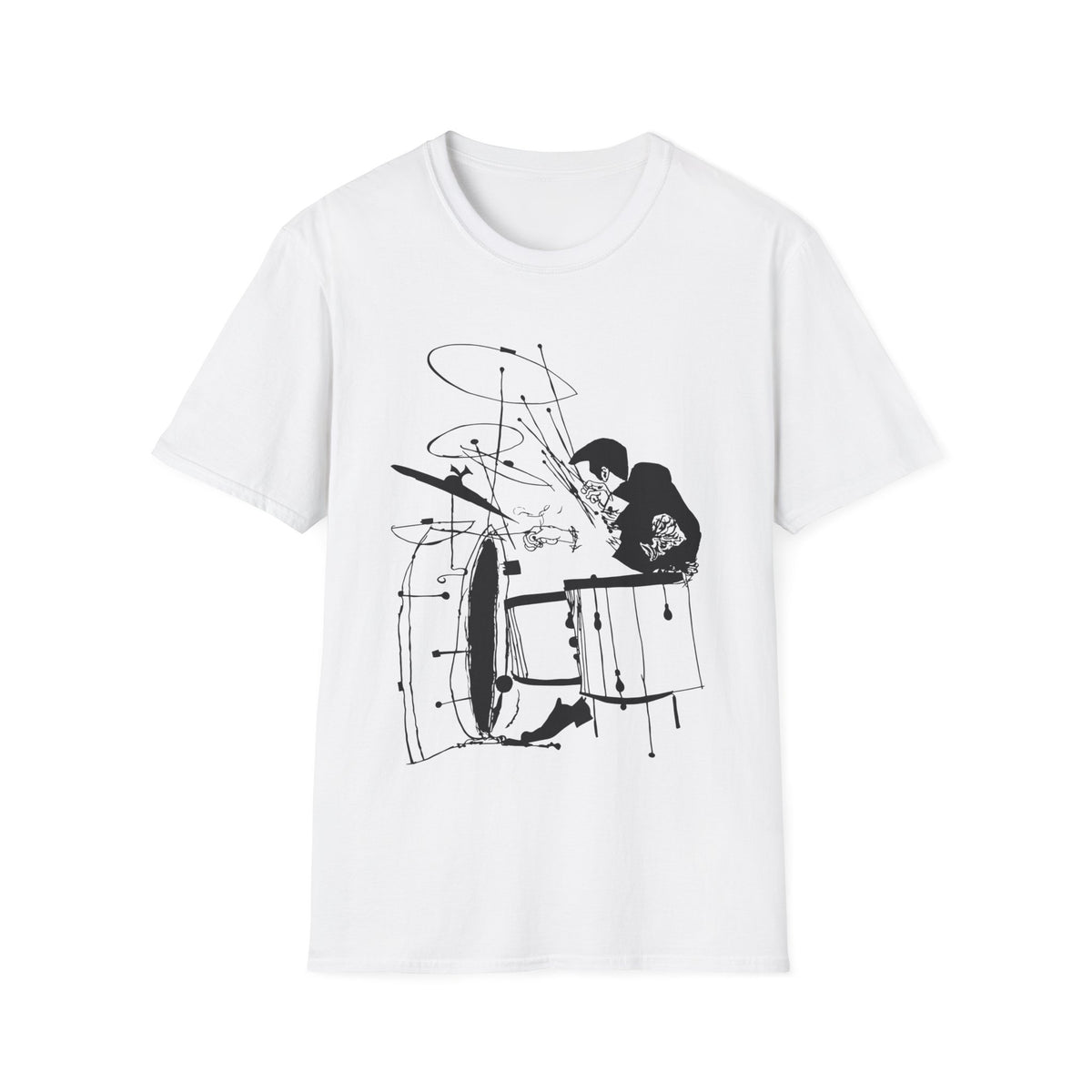 White t-shirt with a black ink drawing of a drummer playing drums.