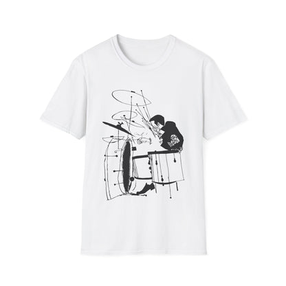 White t-shirt with a black ink drawing of a drummer playing drums.