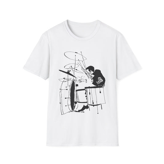 White t-shirt with a black ink drawing of a drummer playing drums.