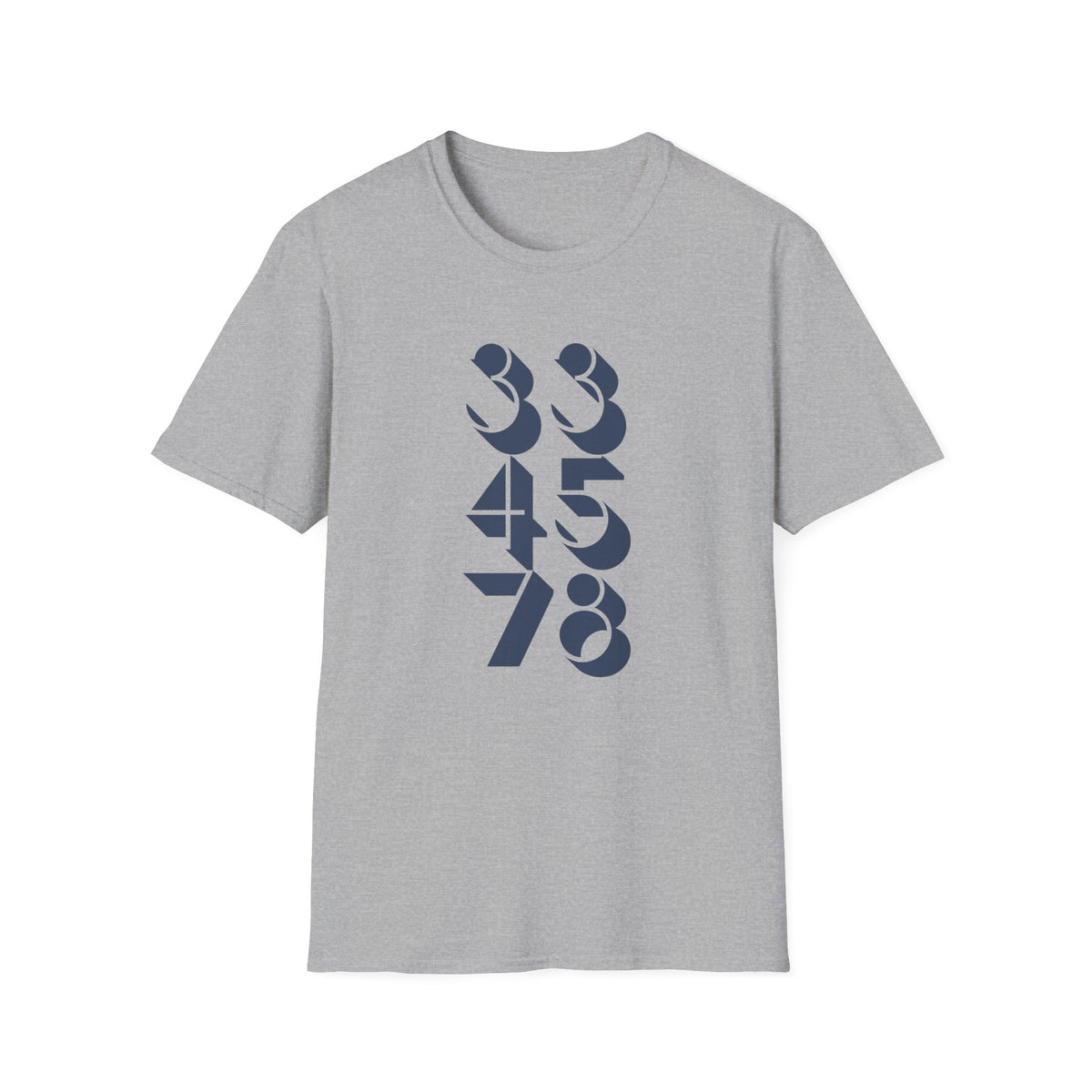Grey t-shirt with dark blue stacked numbers 3, 4, 5, 7, 8.