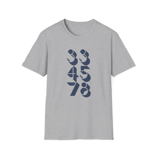 Grey t-shirt with dark blue stacked numbers 3, 4, 5, 7, 8.