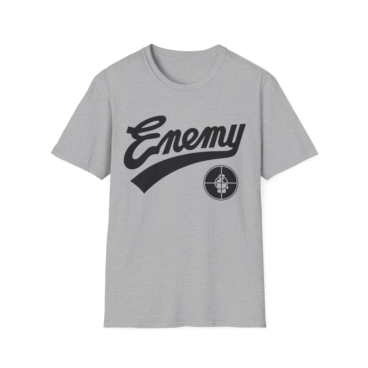 Grey t-shirt with black "Enemy" text and a target logo.