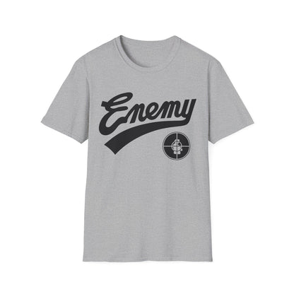 Grey t-shirt with black "Enemy" text and a target logo.