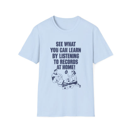 Light blue t-shirt with text and vintage couple listening to records.