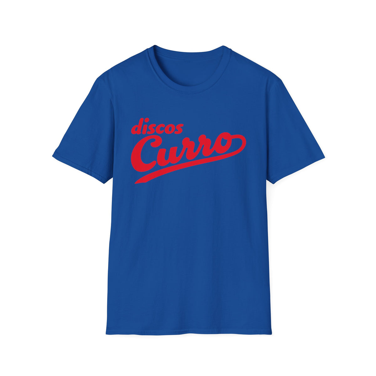 Blue t-shirt with red "discos Curro" text logo.