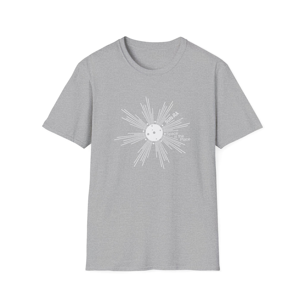 Grey t-shirt with white SUN-RA "Space is the Place" graphic design.