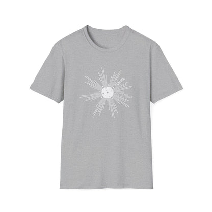 Grey t-shirt with white SUN-RA "Space is the Place" graphic design.