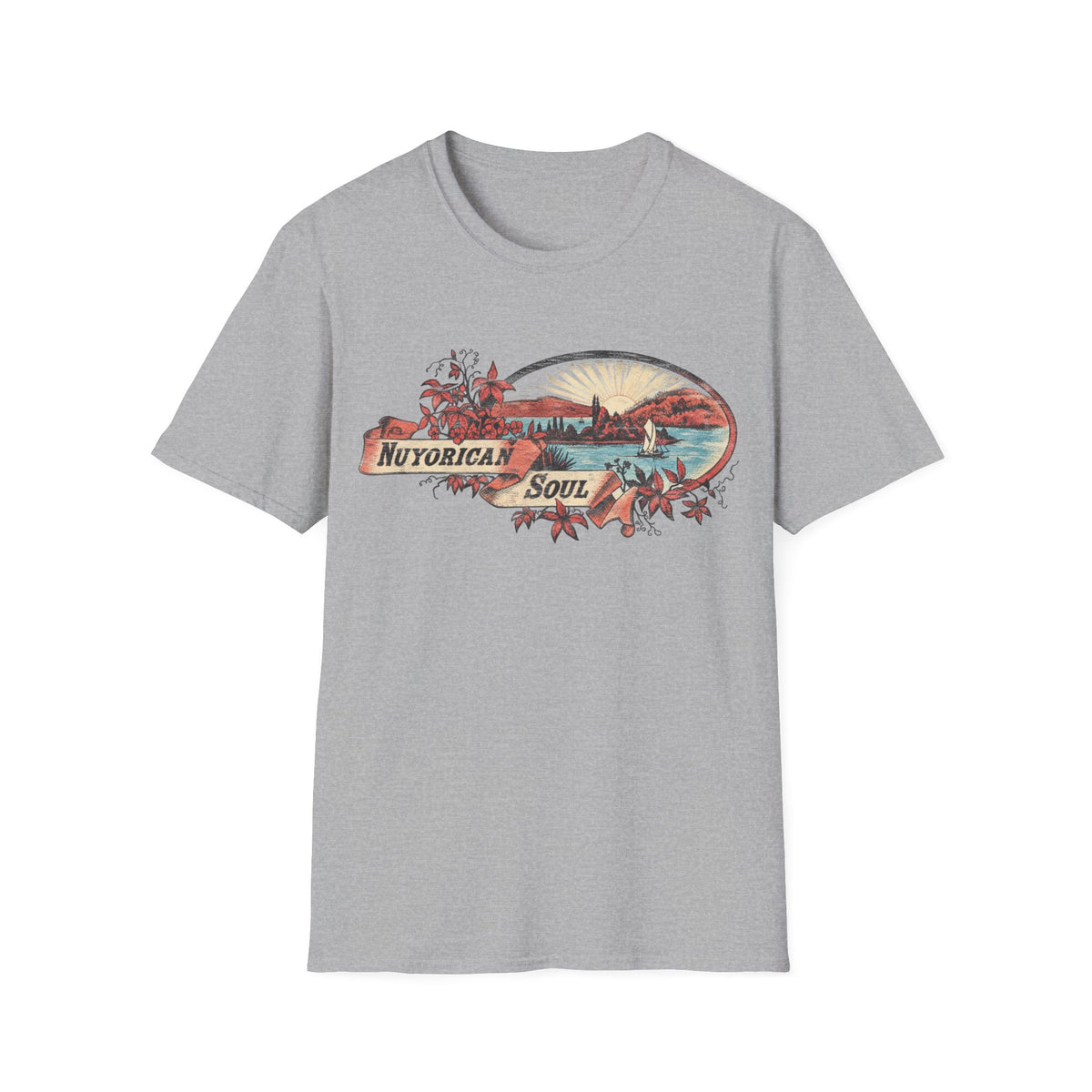 Gray t-shirt with oval graphic featuring text "NUYORICAN SOUL" and a coastal landscape.