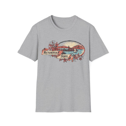 Gray t-shirt with oval graphic featuring text "NUYORICAN SOUL" and a coastal landscape.