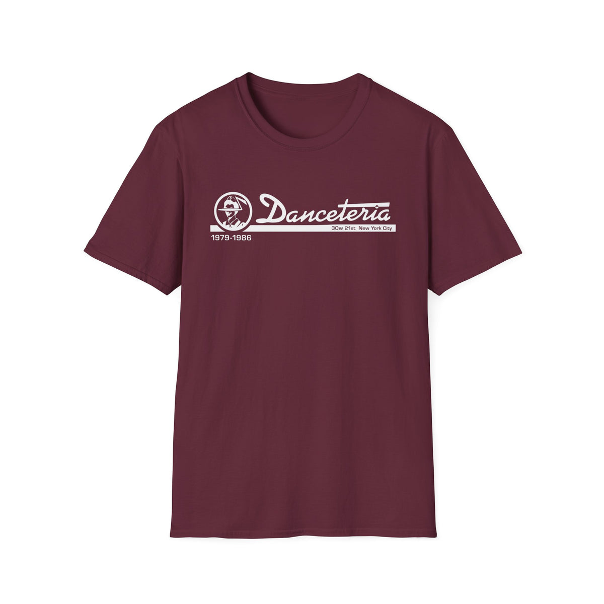 Maroon t-shirt with white "Danceteria 1979-1986 30w 21st New York City" logo.