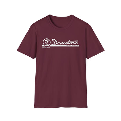 Maroon t-shirt with white "Danceteria 1979-1986 30w 21st New York City" logo.