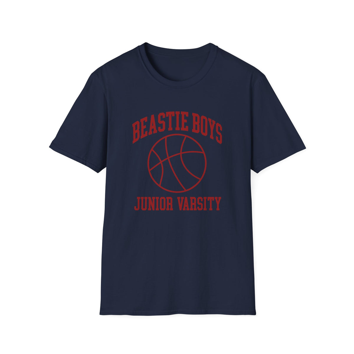 Navy t-shirt with red "Beastie Boys Junior Varsity" and basketball graphic.
