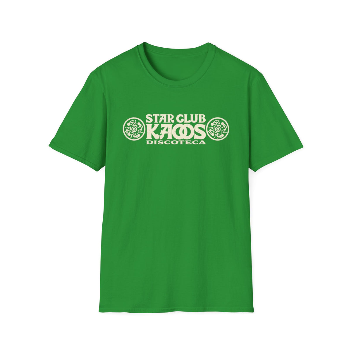 Green t-shirt with white "STAR CLUB KAOS DISCOTECA" graphic and circular designs.