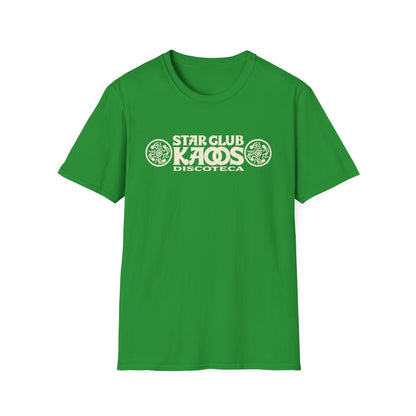 Green t-shirt with white "STAR CLUB KAOS DISCOTECA" graphic and circular designs.
