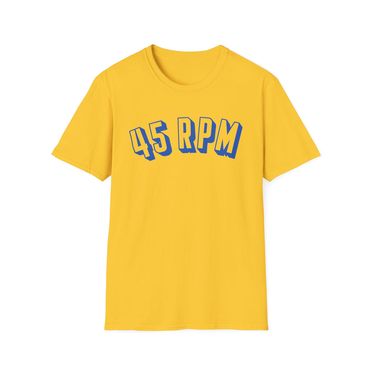 Yellow t-shirt with blue "45 RPM" text
