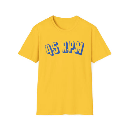 Yellow t-shirt with blue "45 RPM" text