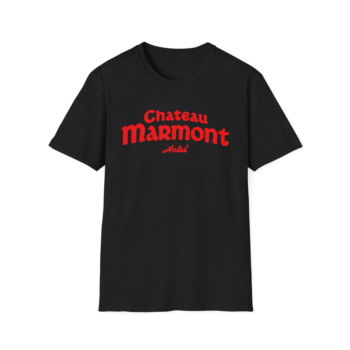 Black t-shirt with red "Chateau Marmont Hotel" text.