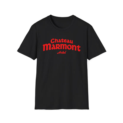 Black t-shirt with red "Chateau Marmont Hotel" text.