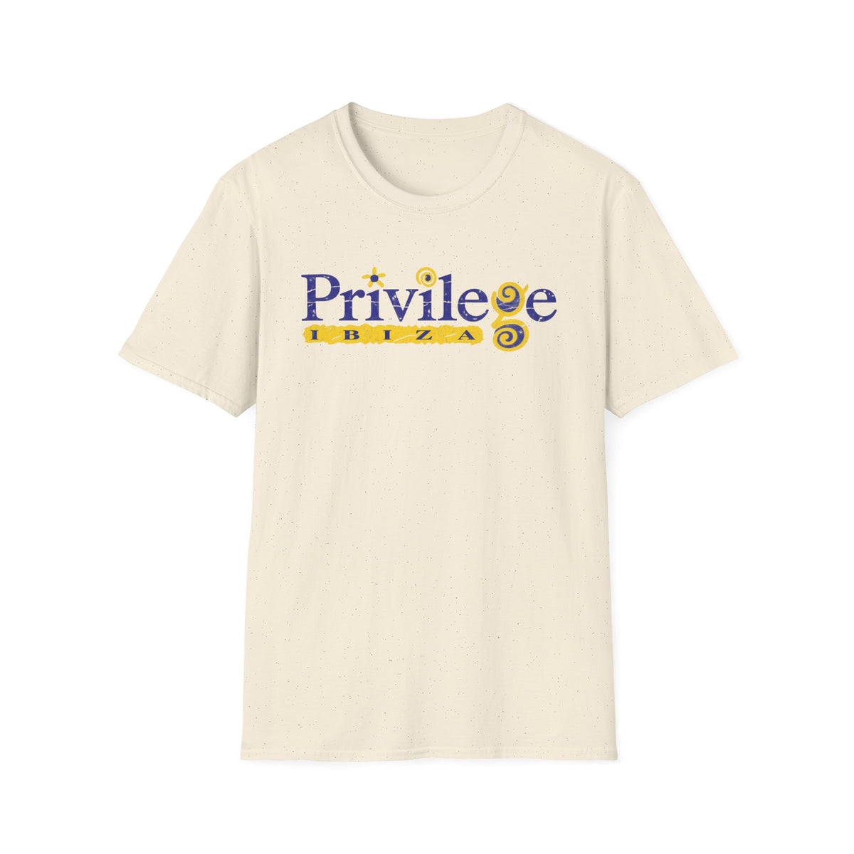 Cream t-shirt with blue and yellow "Privilege Ibiza" text and graphics.