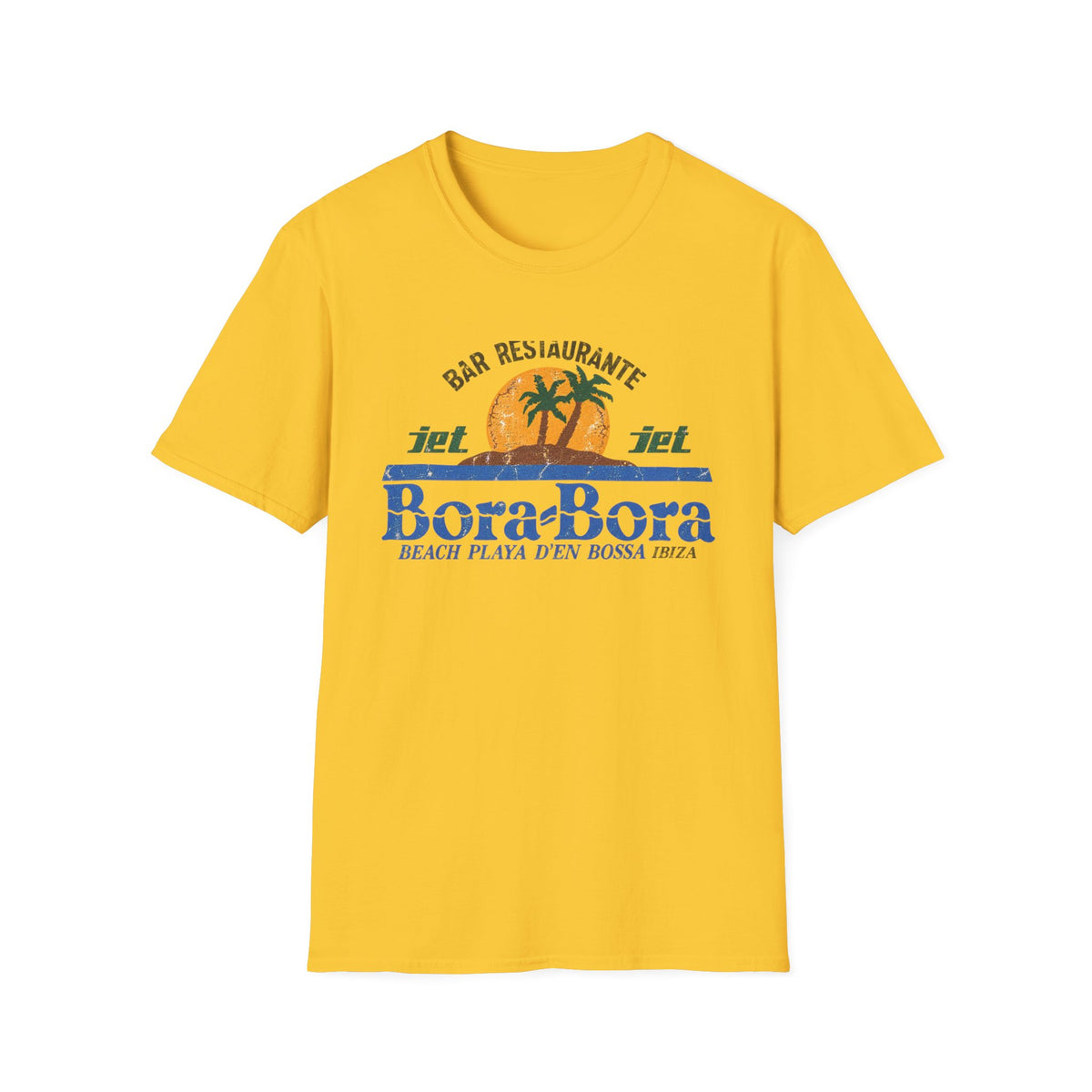 Yellow t-shirt with "Bora Bora" text and a tropical sunset graphic.