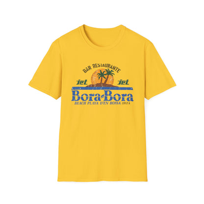Yellow t-shirt with "Bora Bora" text and a tropical sunset graphic.