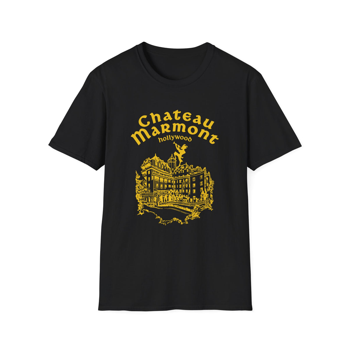 Black t-shirt with yellow "Chateau Marmont Hollywood" text and building illustration.