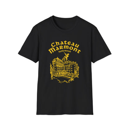 Black t-shirt with yellow "Chateau Marmont Hollywood" text and building illustration.