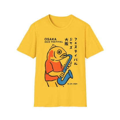 Yellow t-shirt with a cartoon fish playing a saxophone, "Osaka Jazz Festival," and "10.09.1989".