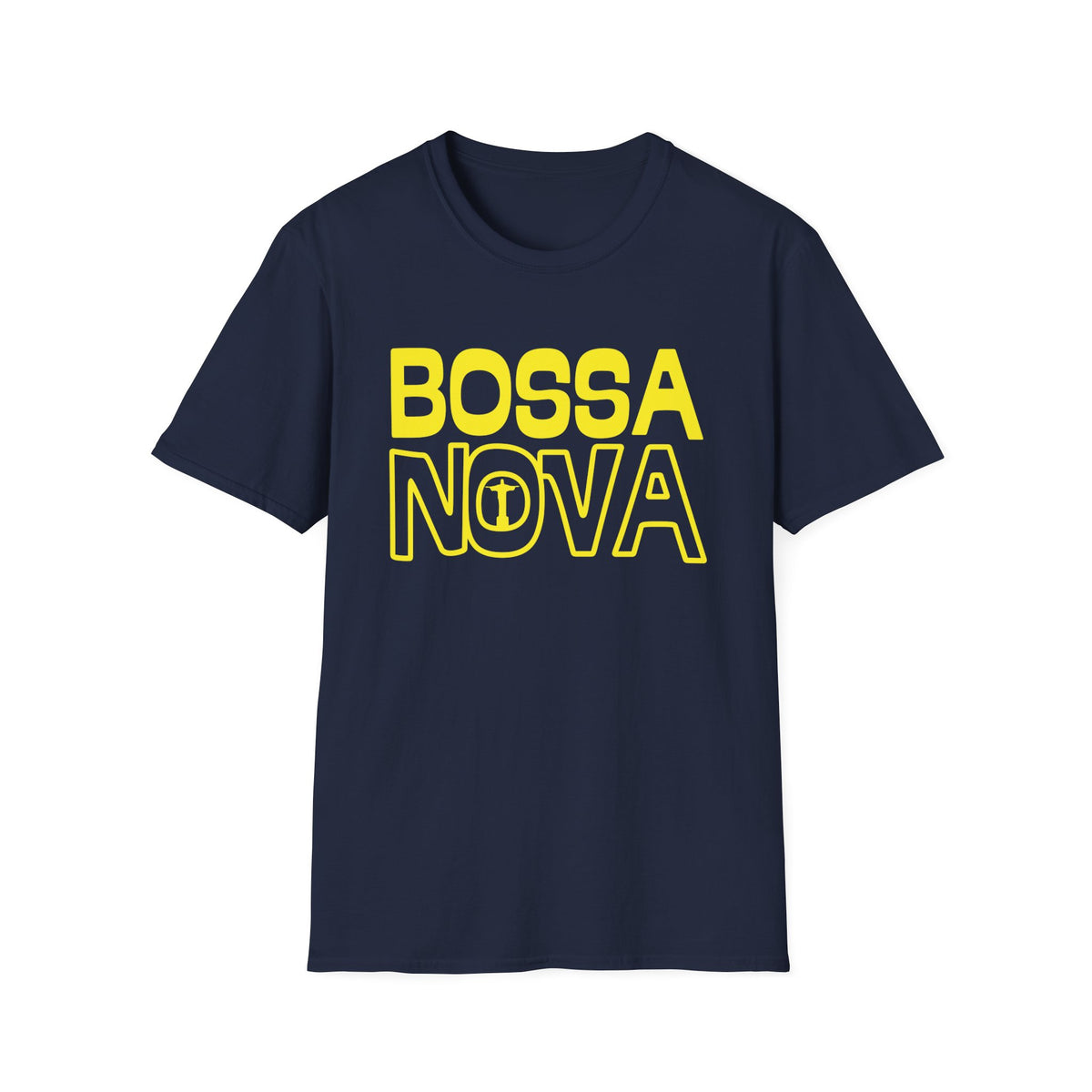 Navy blue t-shirt with yellow "BOSSA NOVA" text and Christ the Redeemer icon.