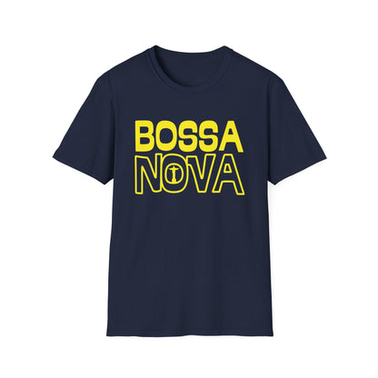 Navy blue t-shirt with yellow "BOSSA NOVA" text and Christ the Redeemer icon.