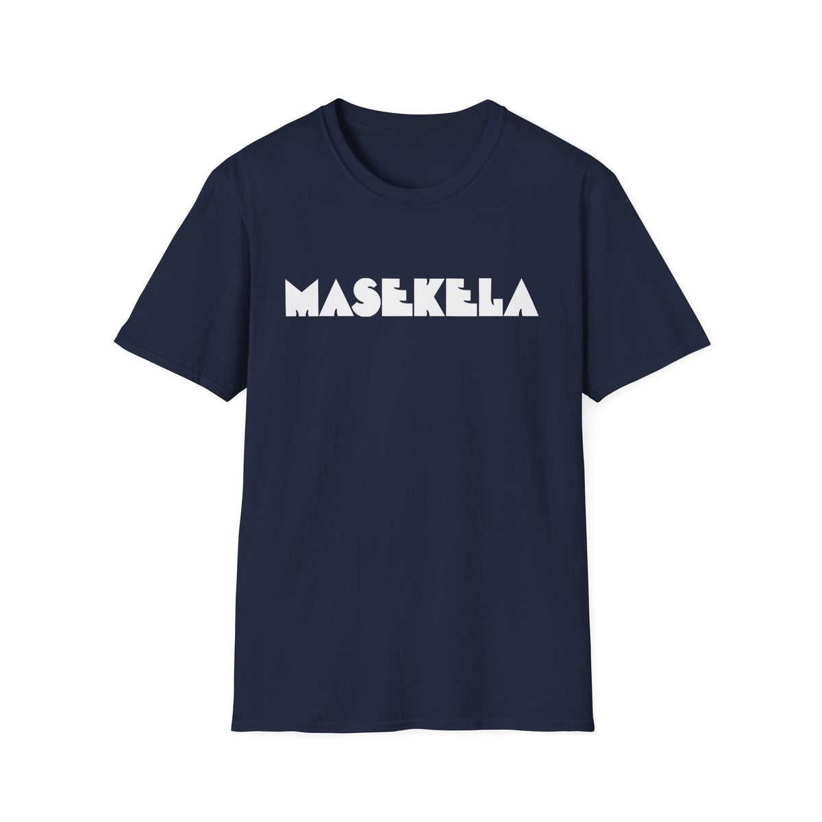 Navy t-shirt with white "MASEKELA" text across the chest.