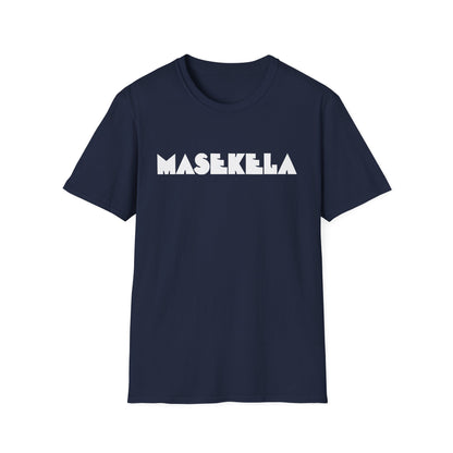 Navy t-shirt with white "MASEKELA" text across the chest.