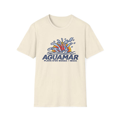 Cream t-shirt with AGUAMAR Playa d'en Bossa Ibiza graphic and water splash.