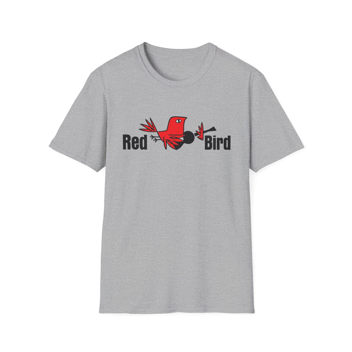 Grey t-shirt with "Red Bird" text and a stylized red bird graphic.