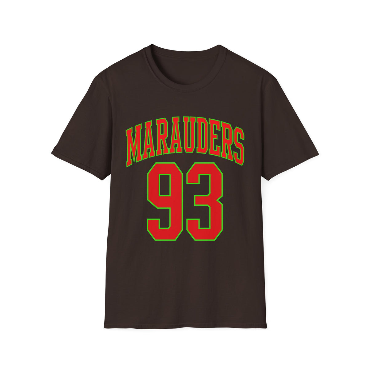Brown t-shirt with "MARAUDERS 93" printed in red and green.