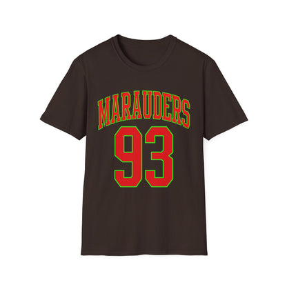 Brown t-shirt with "MARAUDERS 93" printed in red and green.
