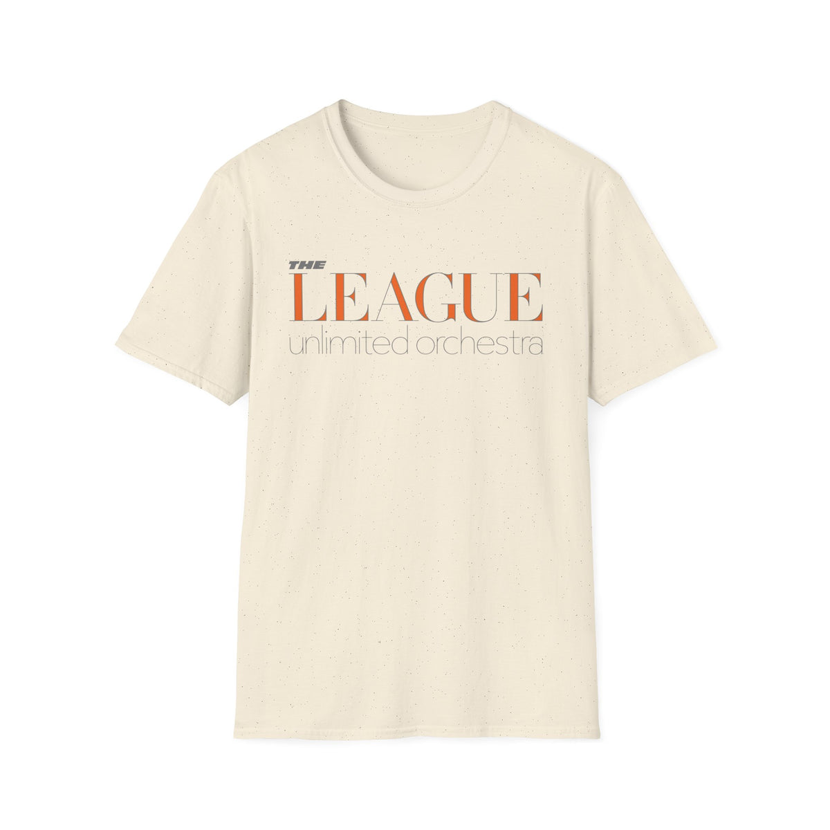 Cream t-shirt with "THE LEAGUE unlimited orchestra" in orange and gray text.